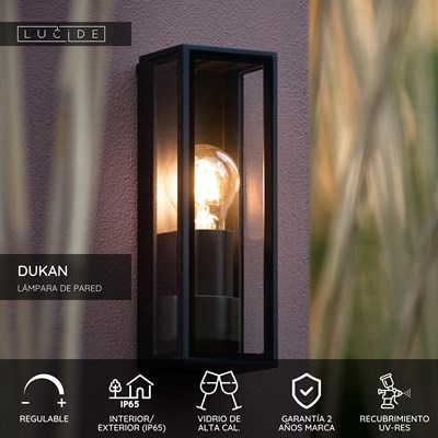 Lucide DUKAN - Lámpara de pared Dentro/Fuera - 1xE27 - IP65 - Negro
